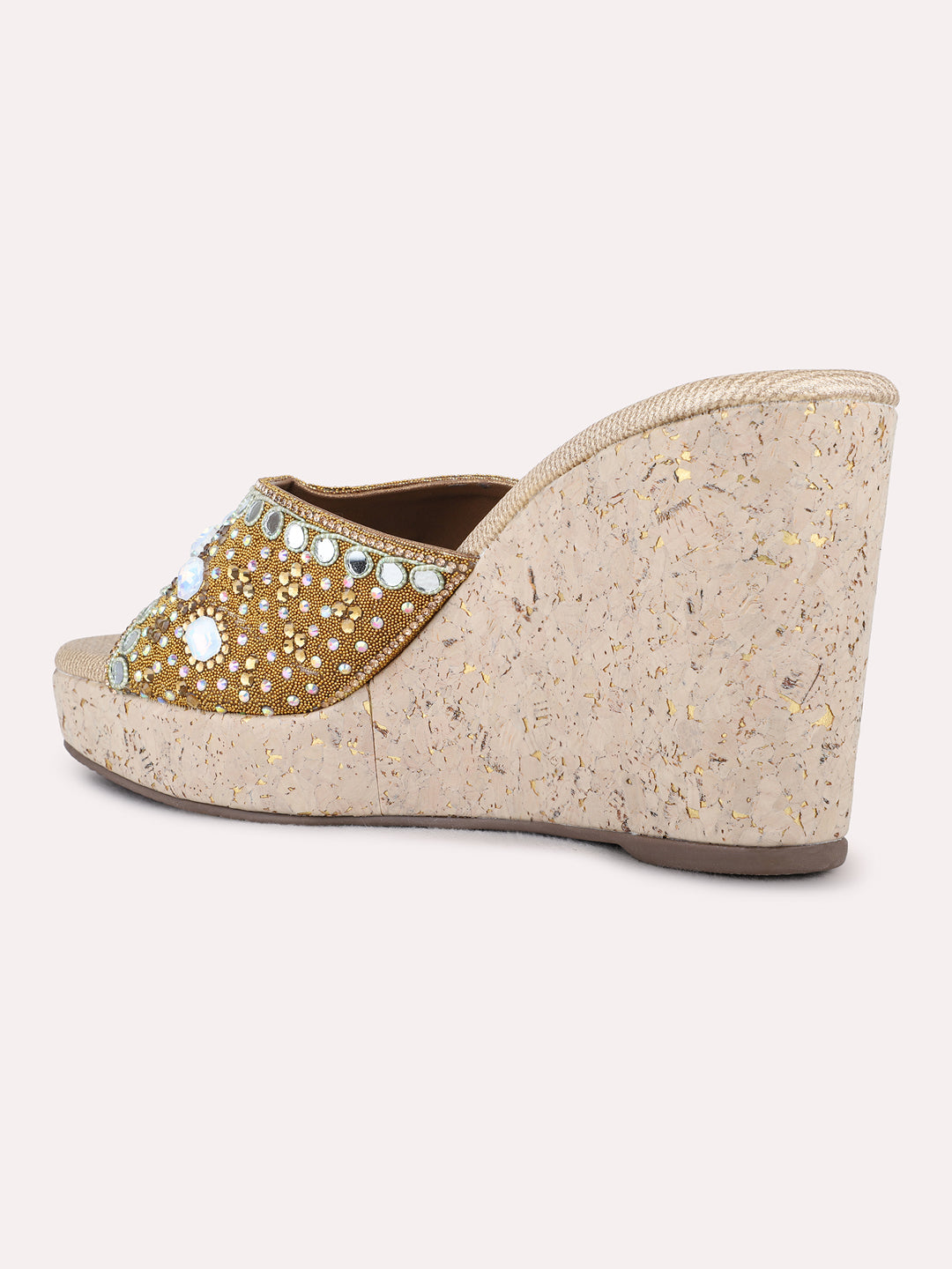 Womens Golden Ethnic Wear Embellished Round Toe Wedge Heel Sandals