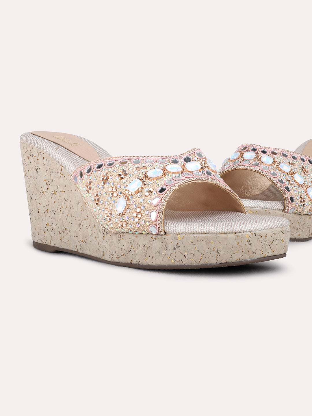 Womens Rose Gold Ethnic Wear Embellished Round Toe Wedge Heel Sandals