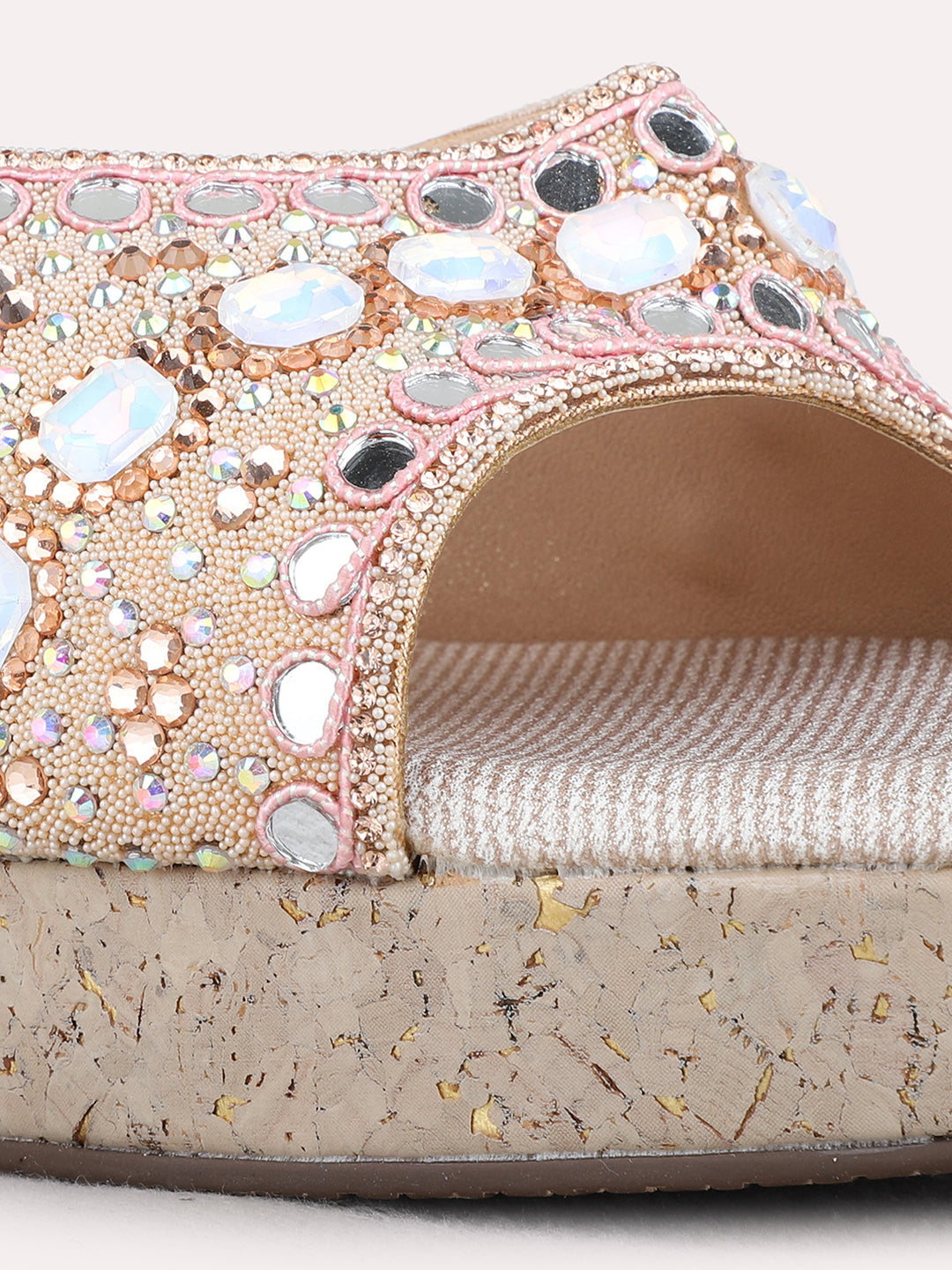 Womens Rose Gold Ethnic Wear Embellished Round Toe Wedge Heel Sandals