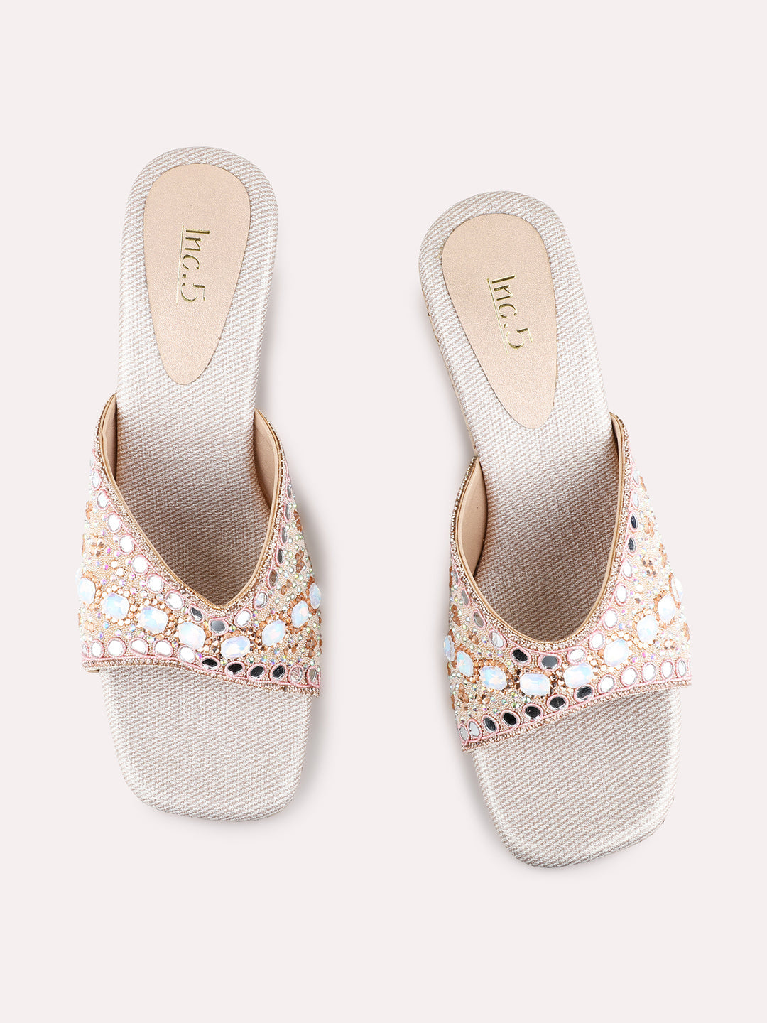 Womens Rose Gold Ethnic Wear Embellished Round Toe Wedge Heel Sandals