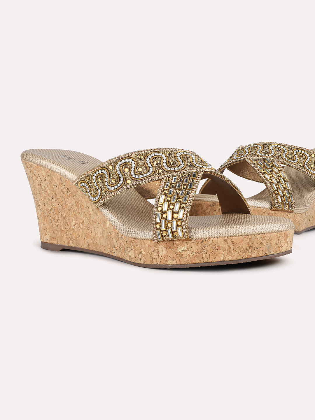 Womens Golden Party Wear Embellished Round Toe Wedge Heel Sandals