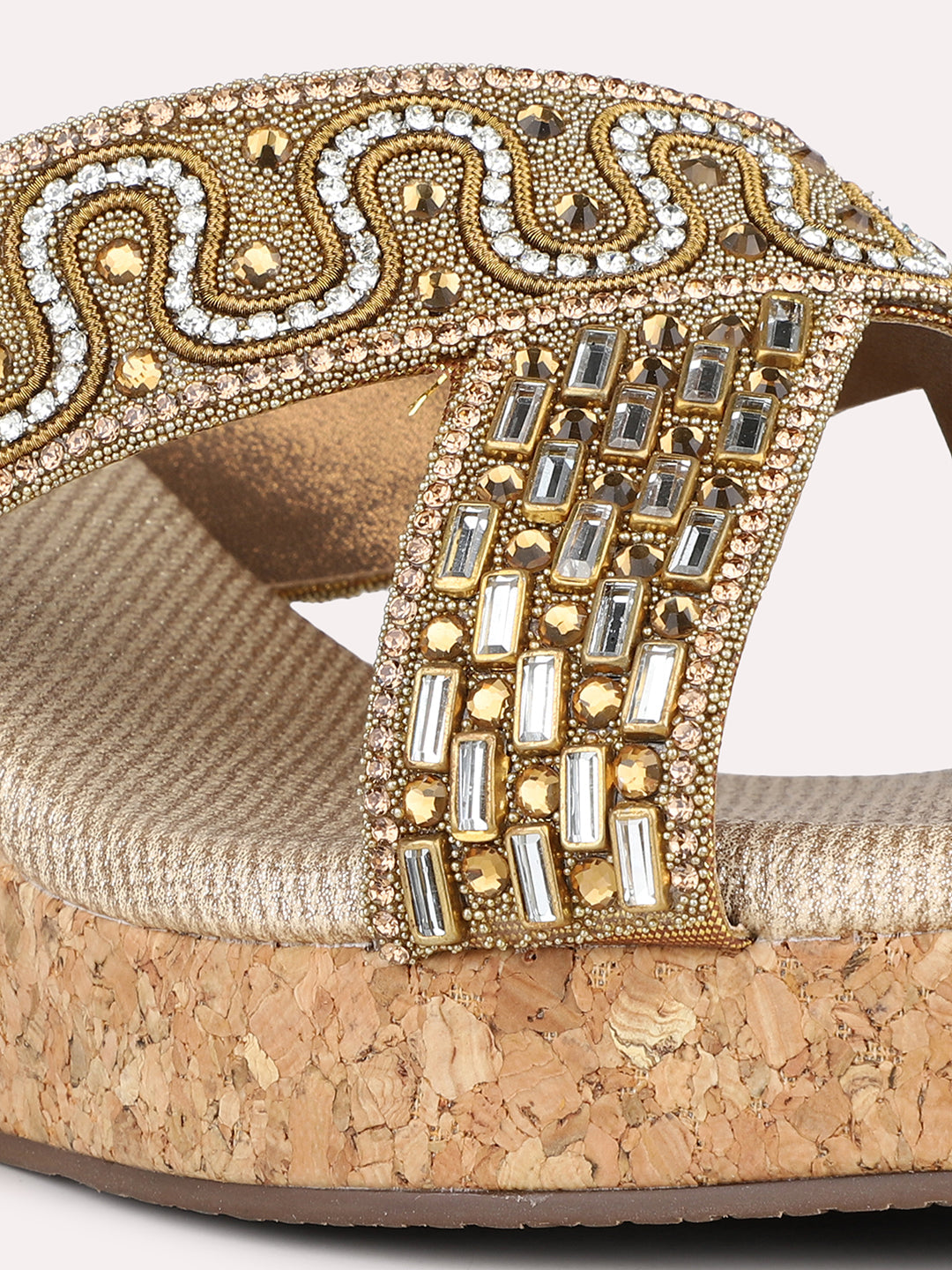 Womens Golden Party Wear Embellished Round Toe Wedge Heel Sandals