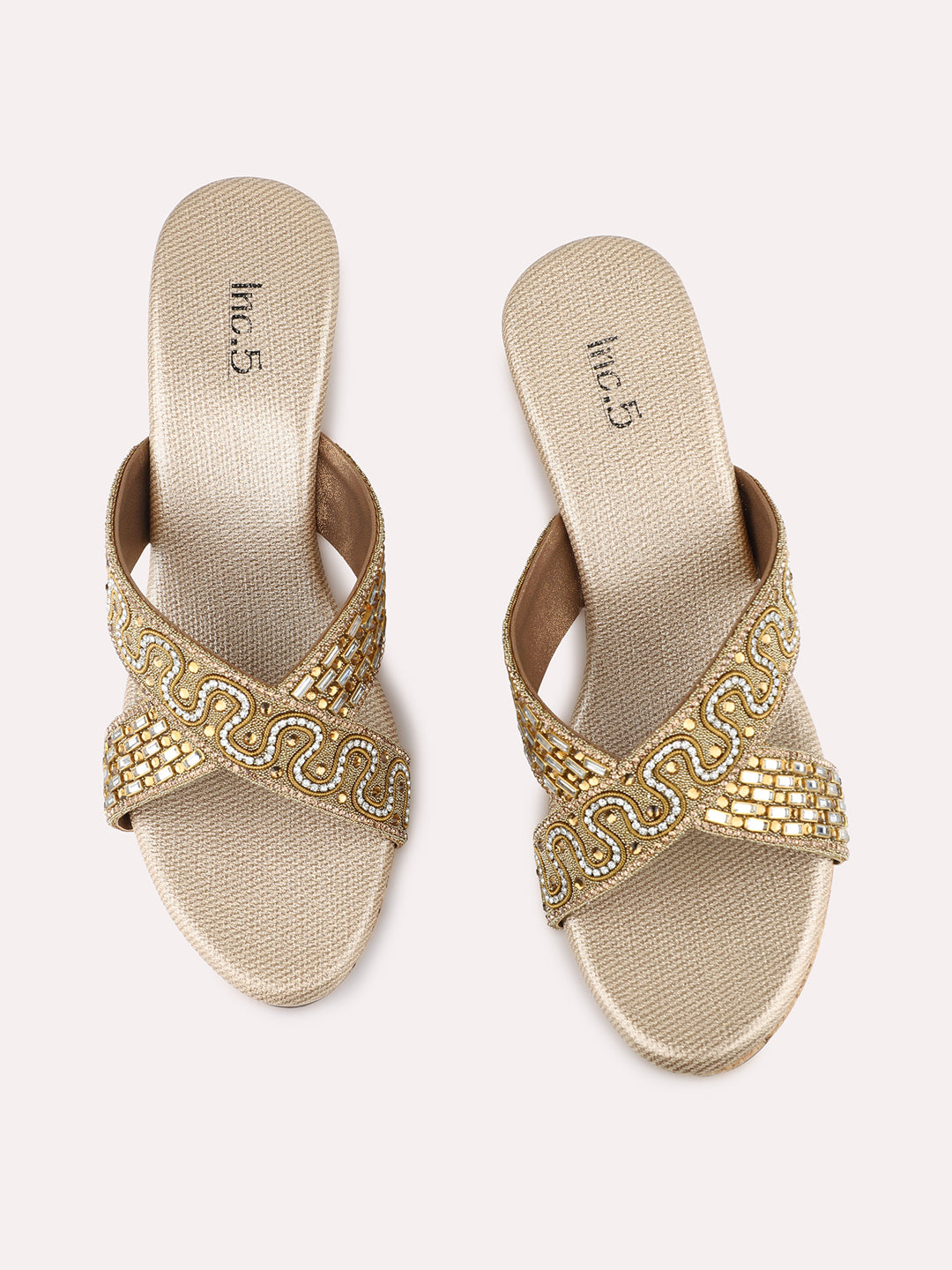 Womens Golden Party Wear Embellished Round Toe Wedge Heel Sandals