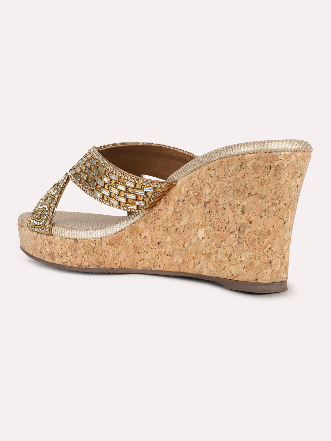 Womens Golden Party Wear Embellished Round Toe Wedge Heel Sandals