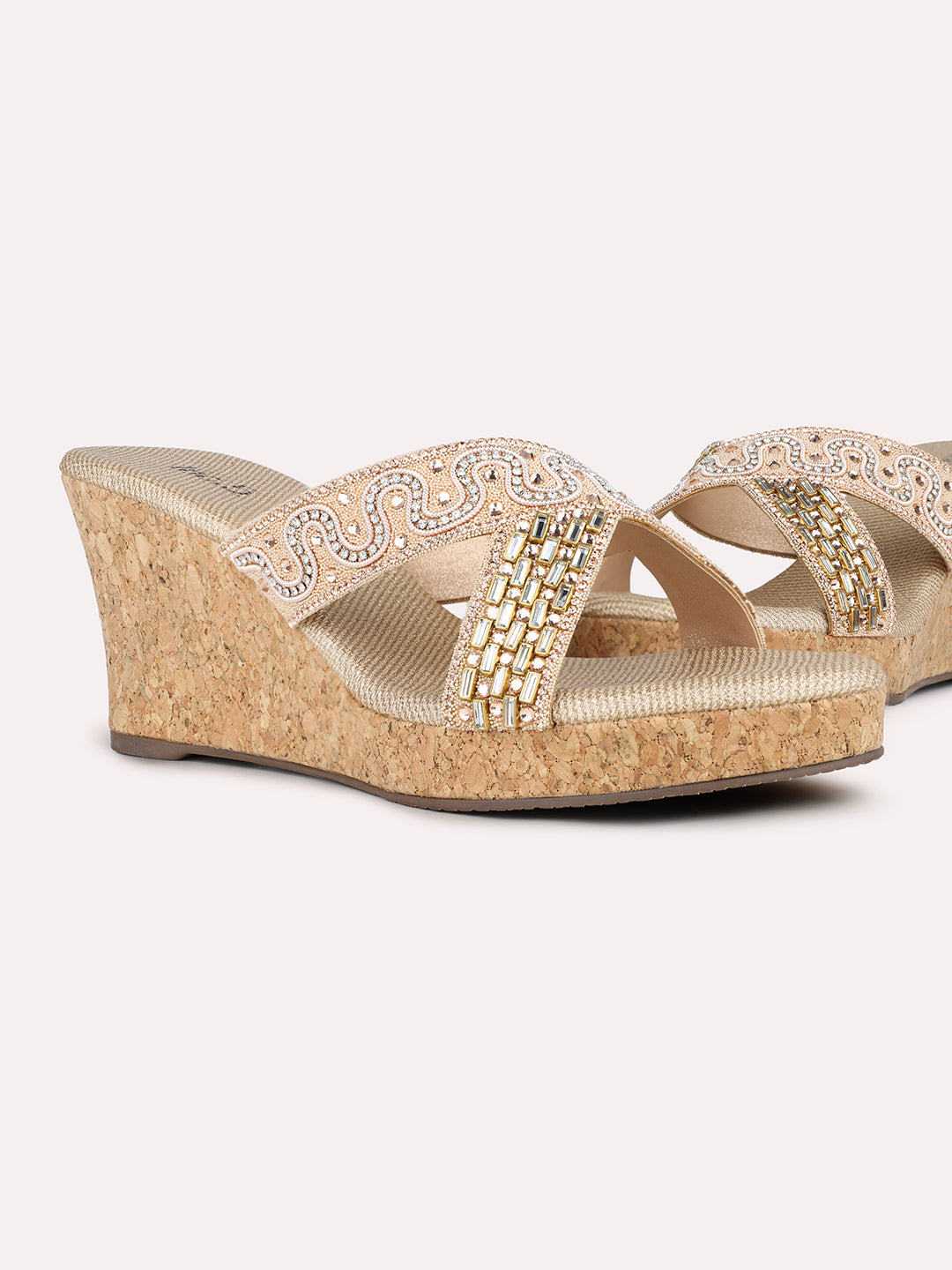 Womens Rose Golden Party Wear Embellished Round Toe Wedge Heel Sandals