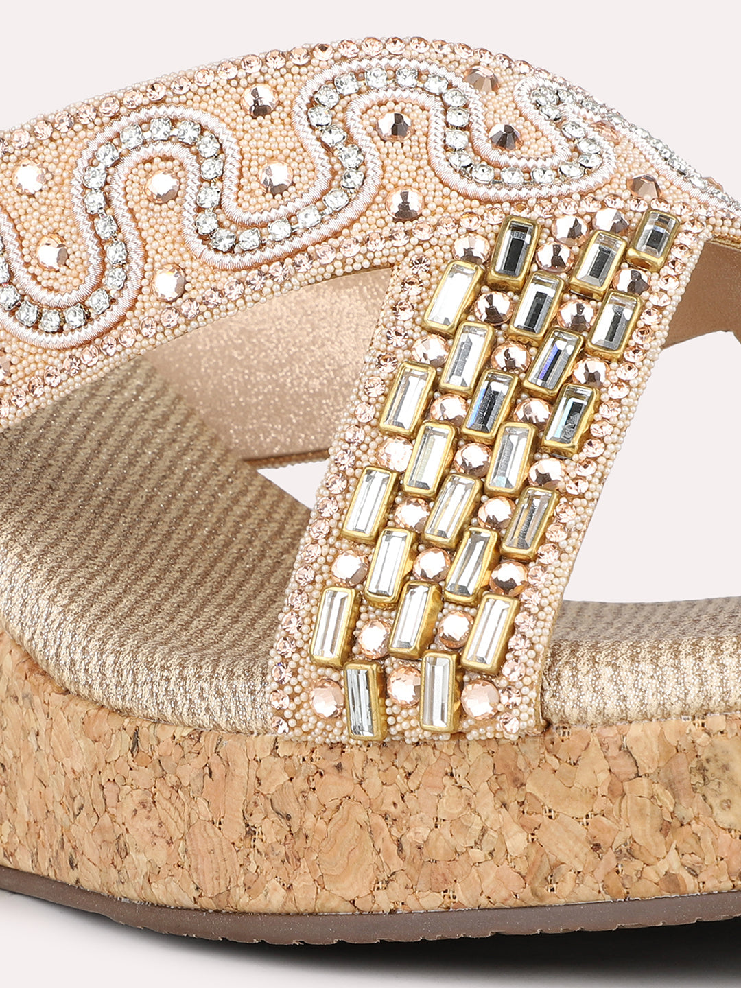 Womens Rose Golden Party Wear Embellished Round Toe Wedge Heel Sandals