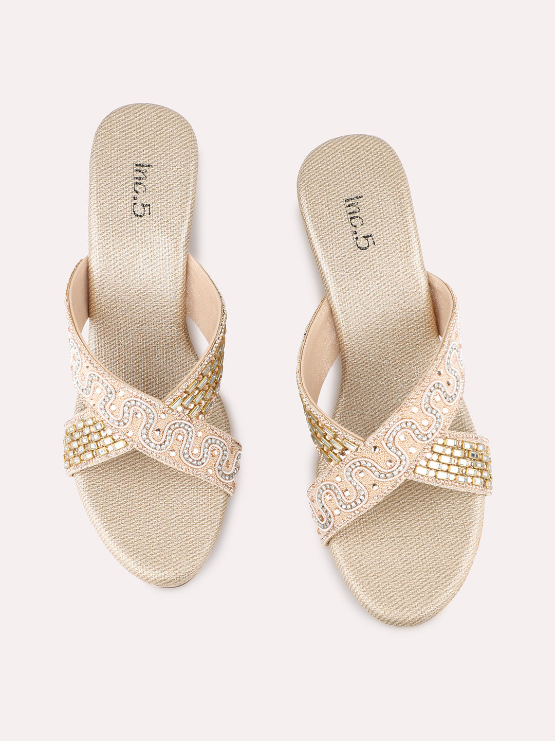 Womens Rose Golden Party Wear Embellished Round Toe Wedge Heel Sandals