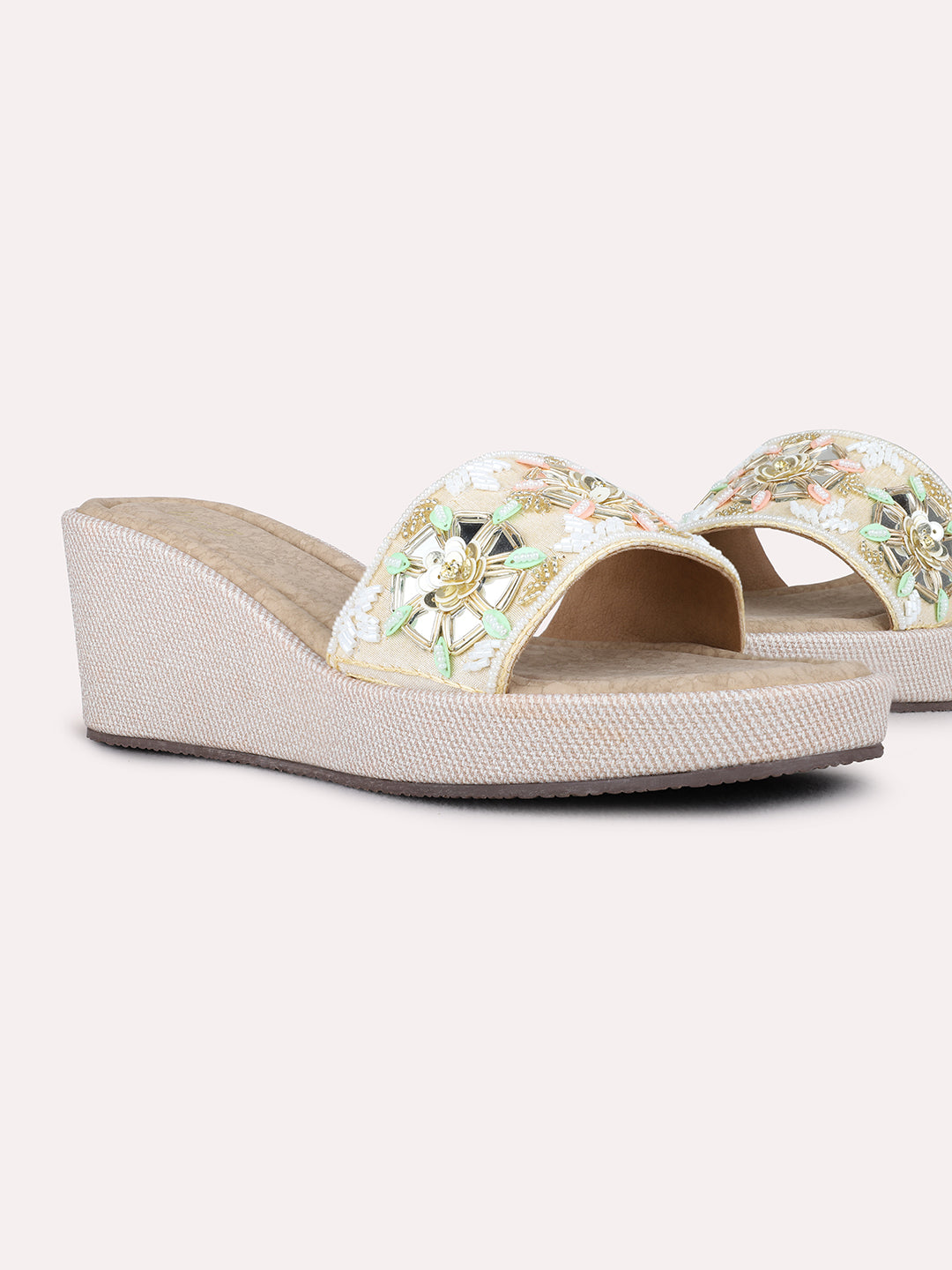 Womens Golden Ethnic Embellished Wedge Heels