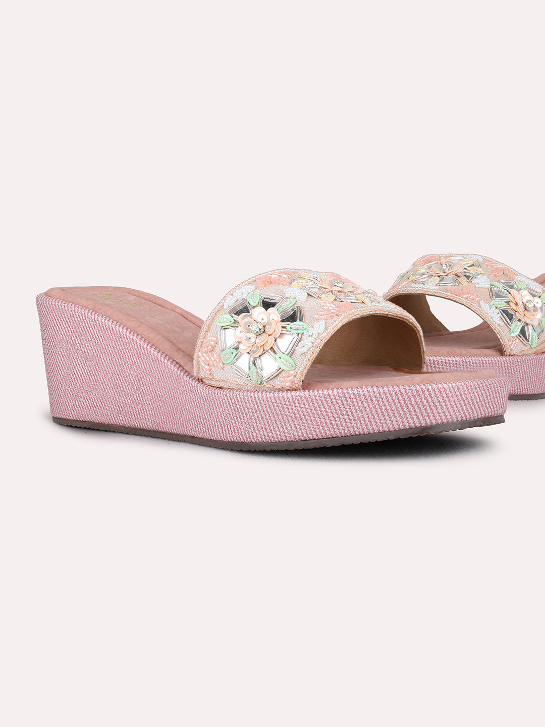 Womens Pink Ethnic Embellished Wedge Heel Sandals