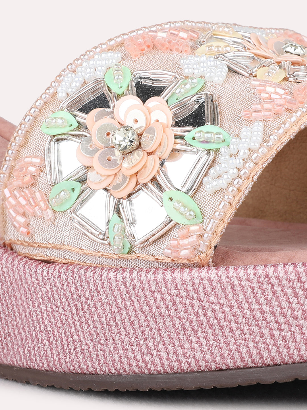 Womens Pink Ethnic Embellished Wedge Heel Sandals