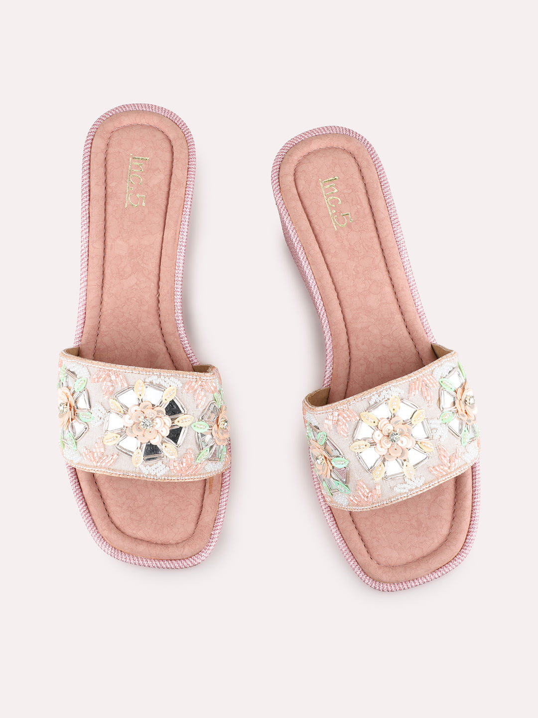 Womens Pink Ethnic Embellished Wedge Heel Sandals