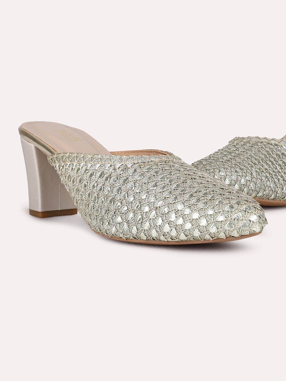 Womens Golden Party Wear Embellished Round Toe Block Heel Mules