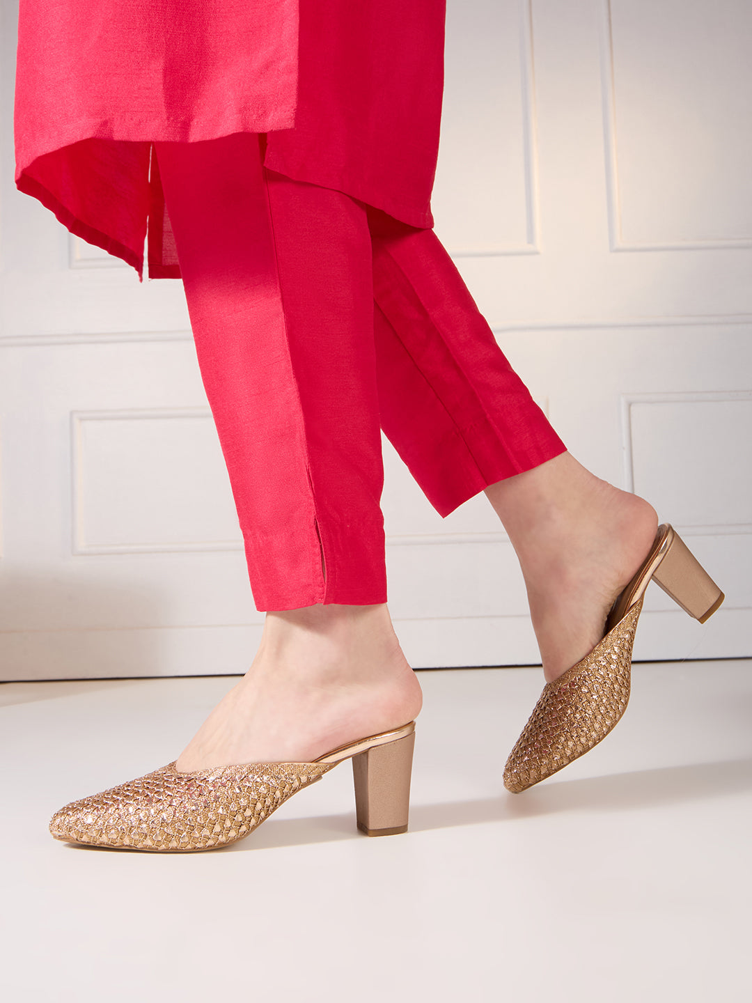 Womens Rose Golden Party Wear Embellished Round Toe Block Heel Mules