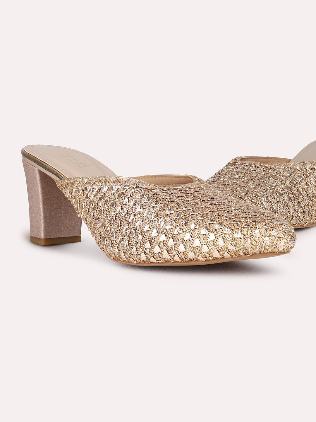 Womens Rose Golden Party Wear Embellished Round Toe Block Heel Mules