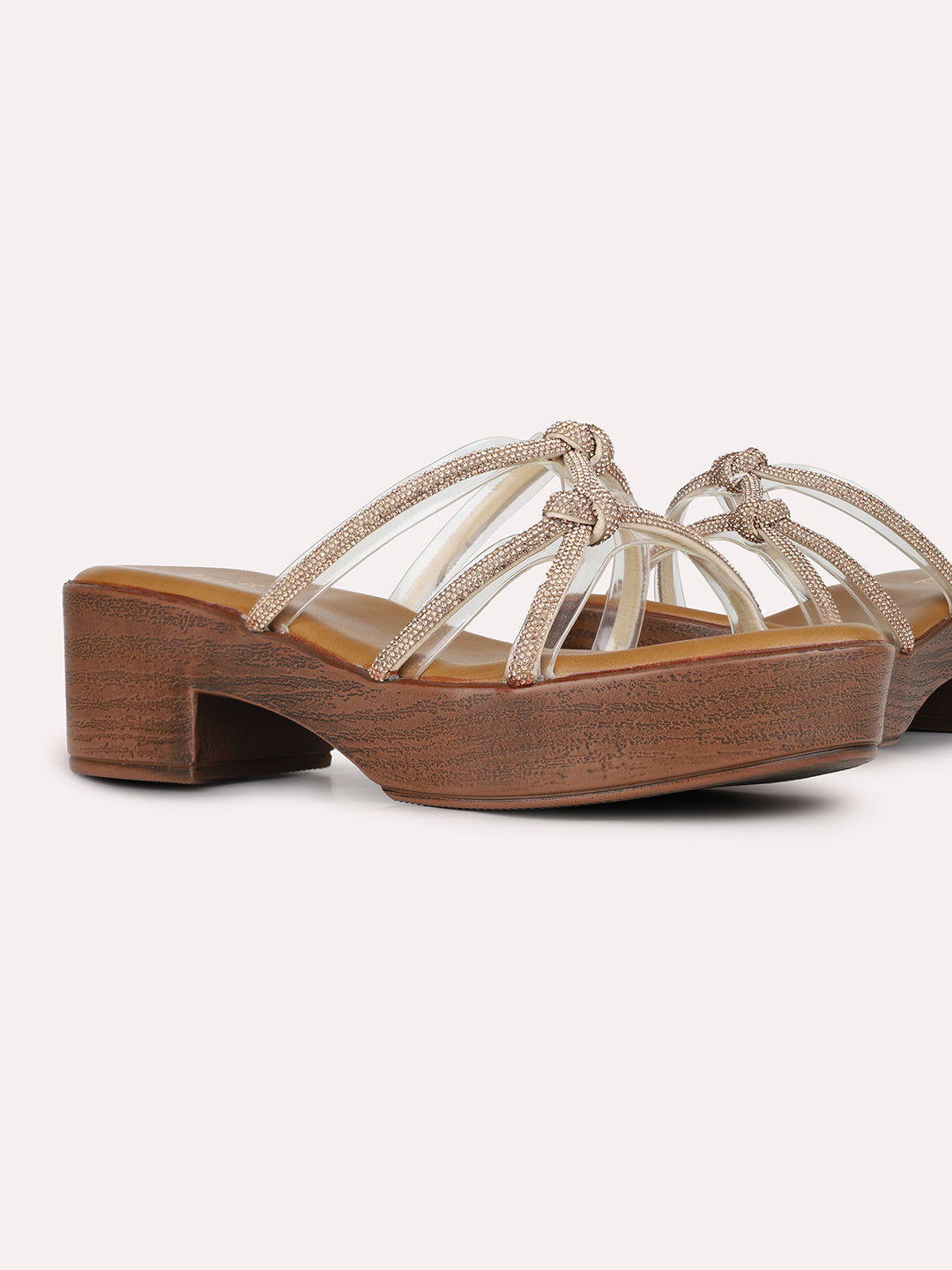 Women Golden Ethnic Embellished Round Toe Platform Heel Sandals