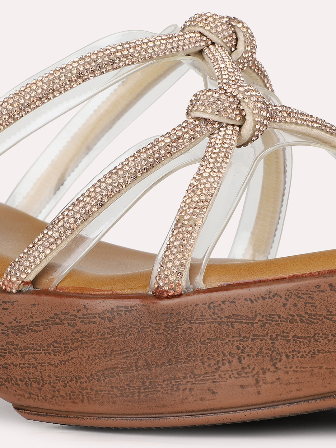 Women Golden Ethnic Embellished Round Toe Platform Heel Sandals