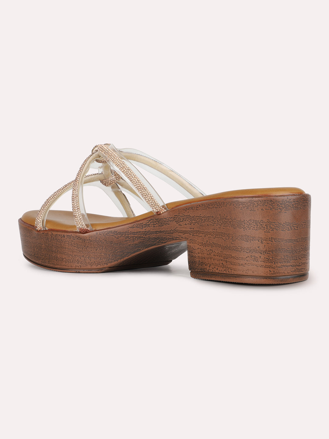 Women Golden Ethnic Embellished Round Toe Platform Heel Sandals