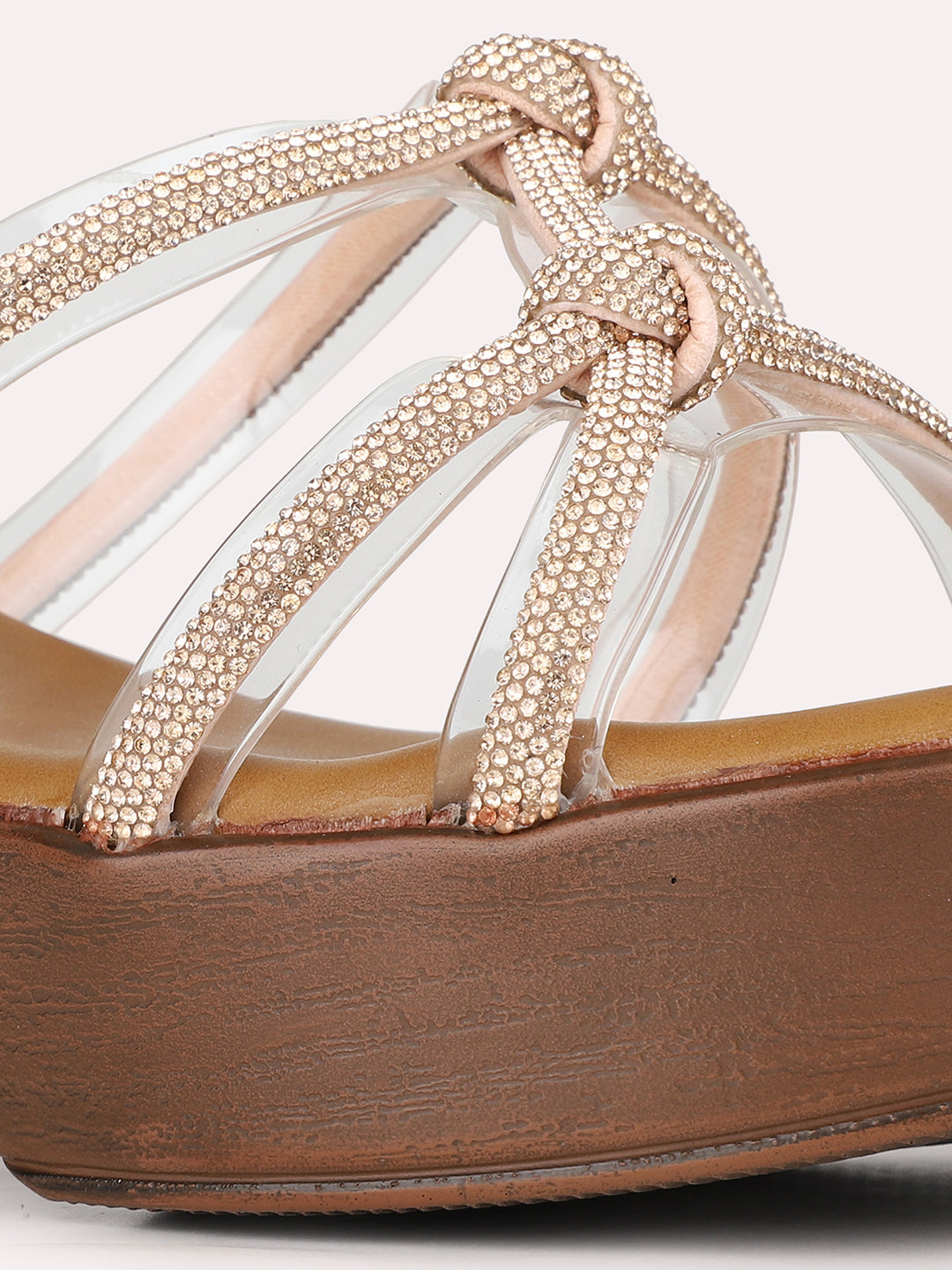 Women Rose Gold Party Wear Striped Round Toe Platform Heel Sandals