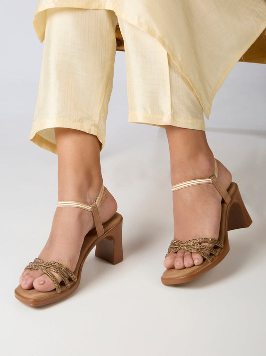 Womens Beige Ethnic Embellished Round Toe Block Heels