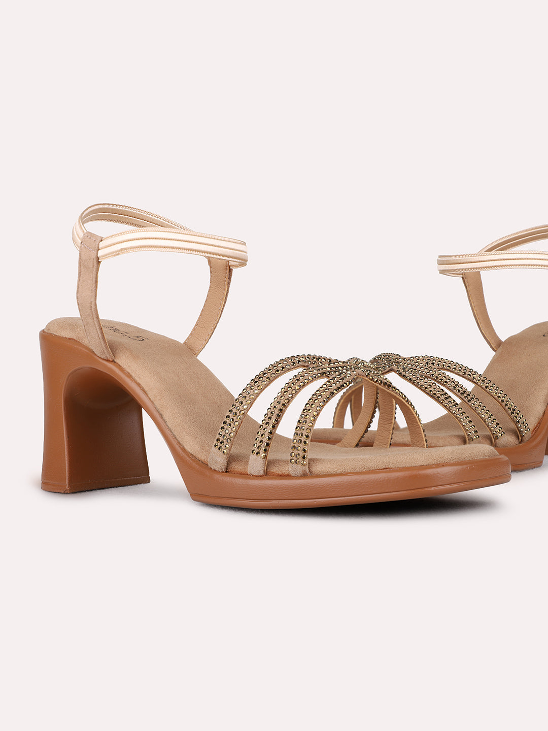 Womens Beige Ethnic Embellished Round Toe Block Heels