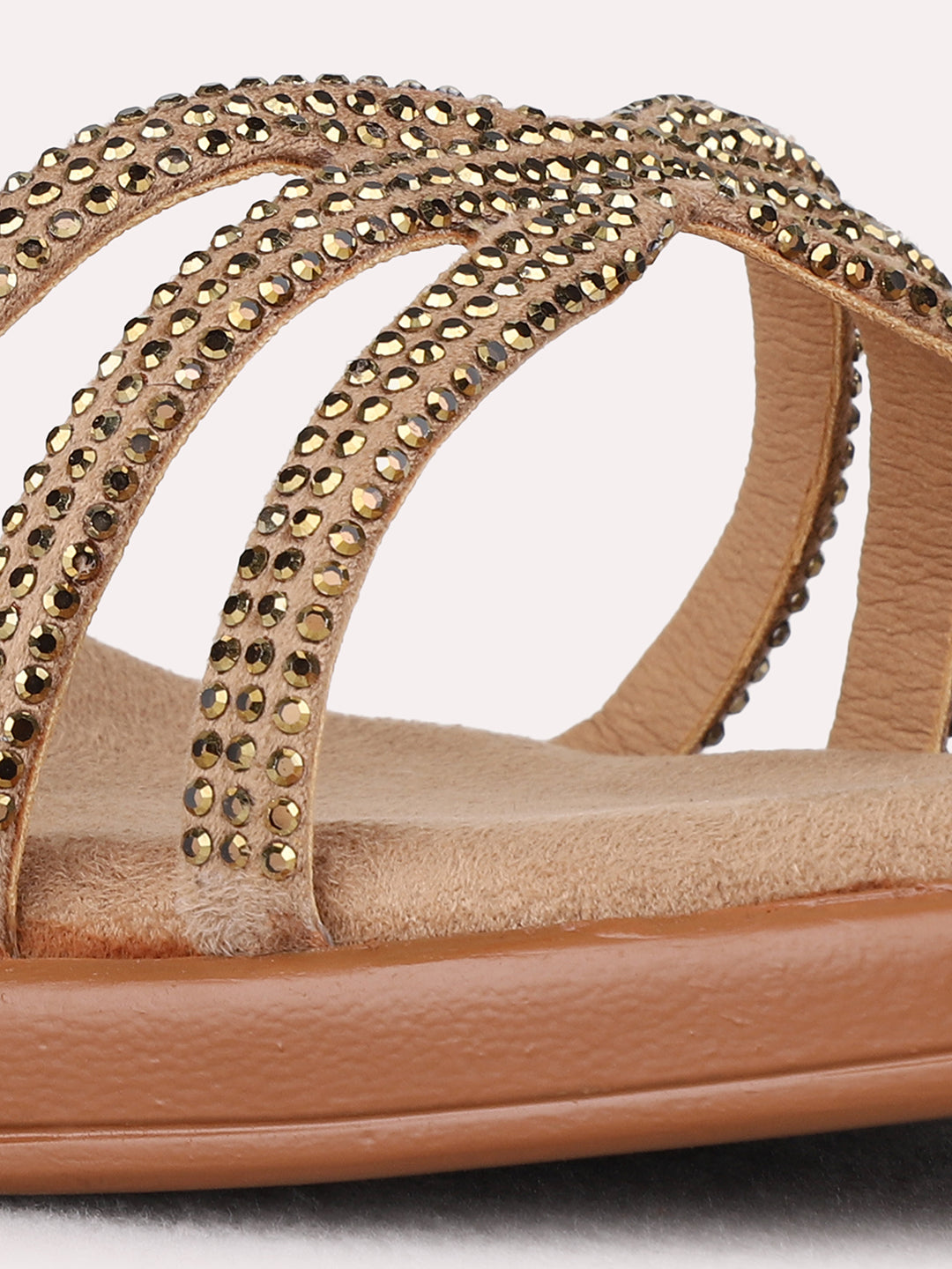 Womens Beige Ethnic Embellished Round Toe Block Heels