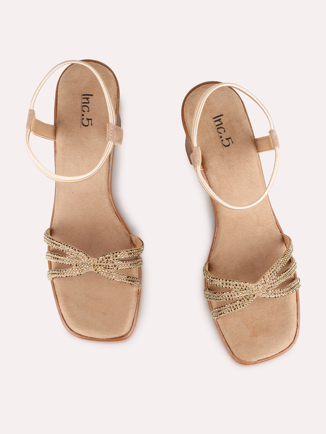 Womens Beige Ethnic Embellished Round Toe Block Heels