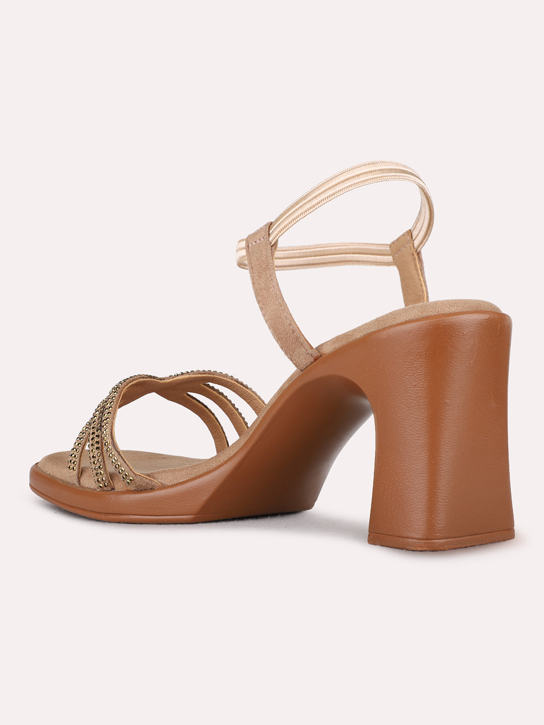 Womens Beige Ethnic Embellished Round Toe Block Heels