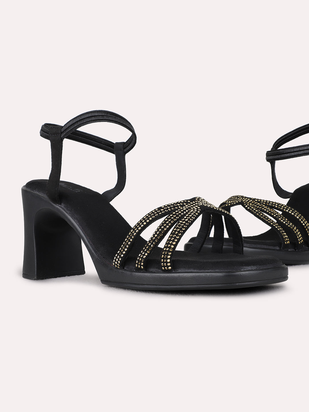 Womens Black Ethnic Embellished Round Toe Block Heel Sandals