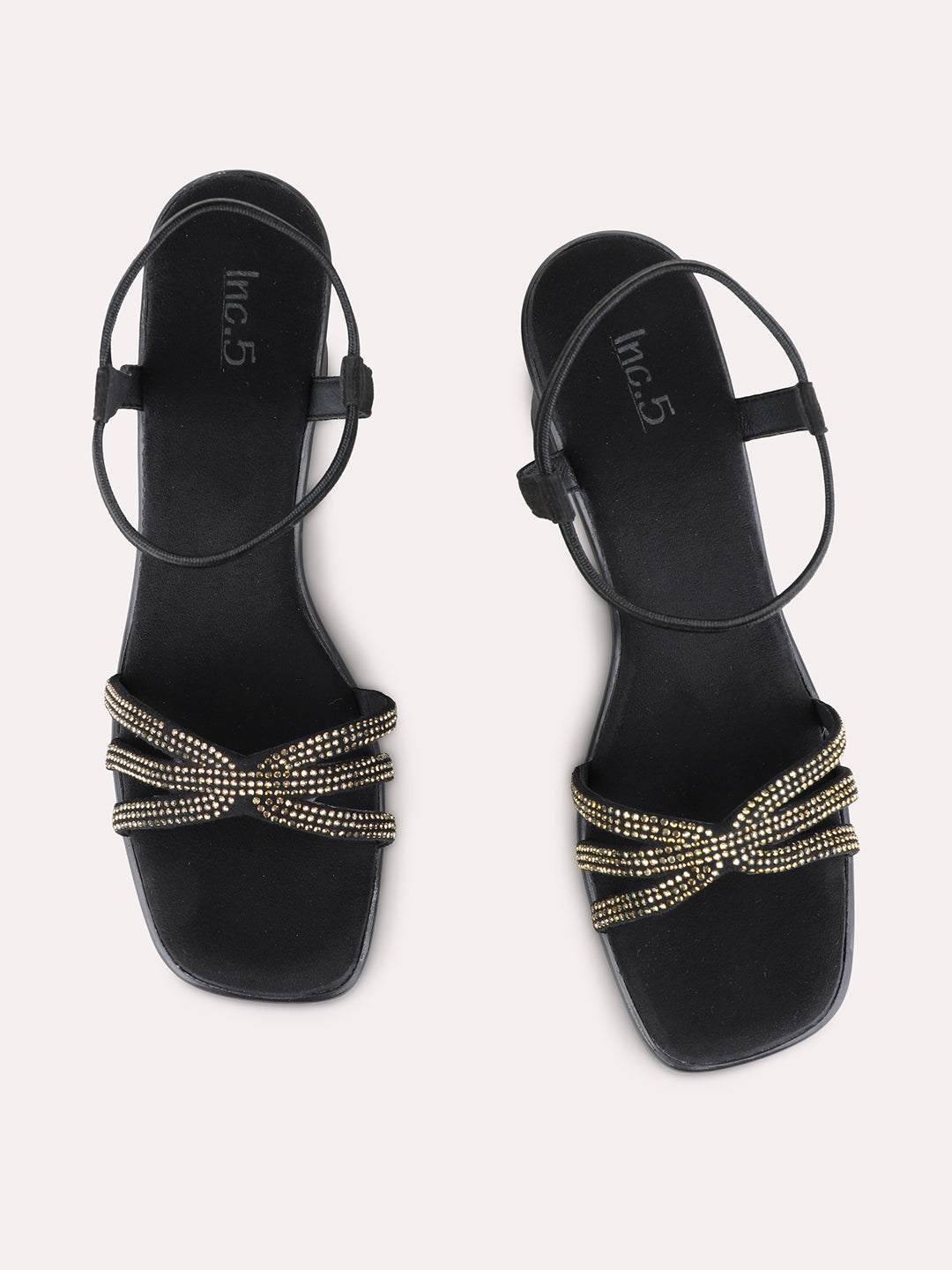 Womens Black Ethnic Embellished Round Toe Block Heel Sandals