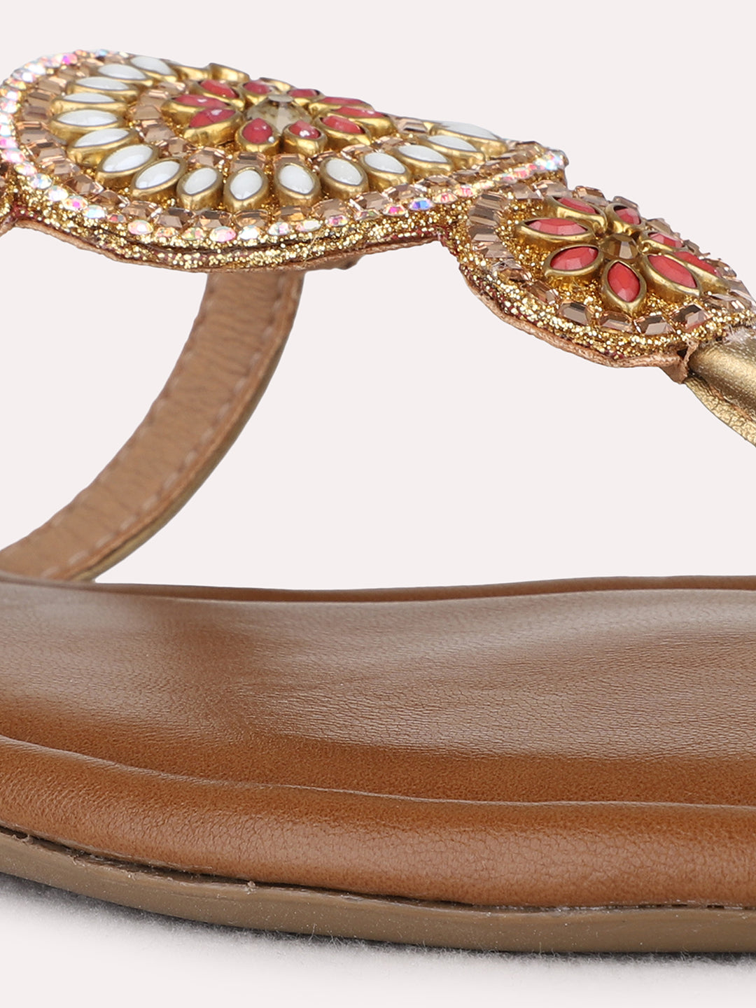 Womens Golden Casual Embellished T-Strap Flat Slip On Sandals