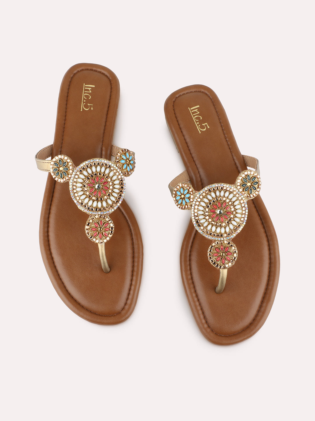 Womens Golden Casual Embellished T-Strap Flat Slip On Sandals