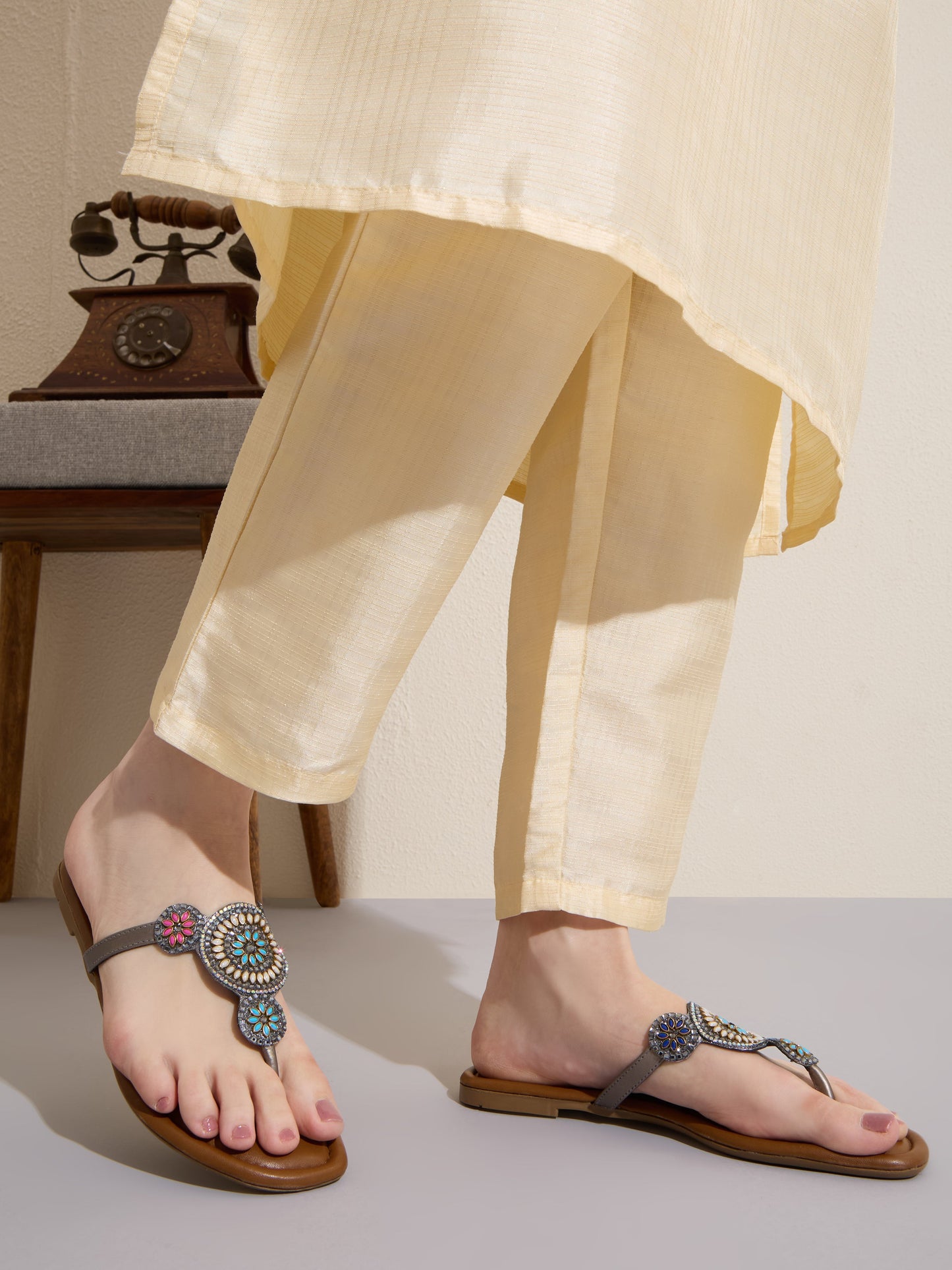 Womens Pewter Casual Embellished T-Strap Flats