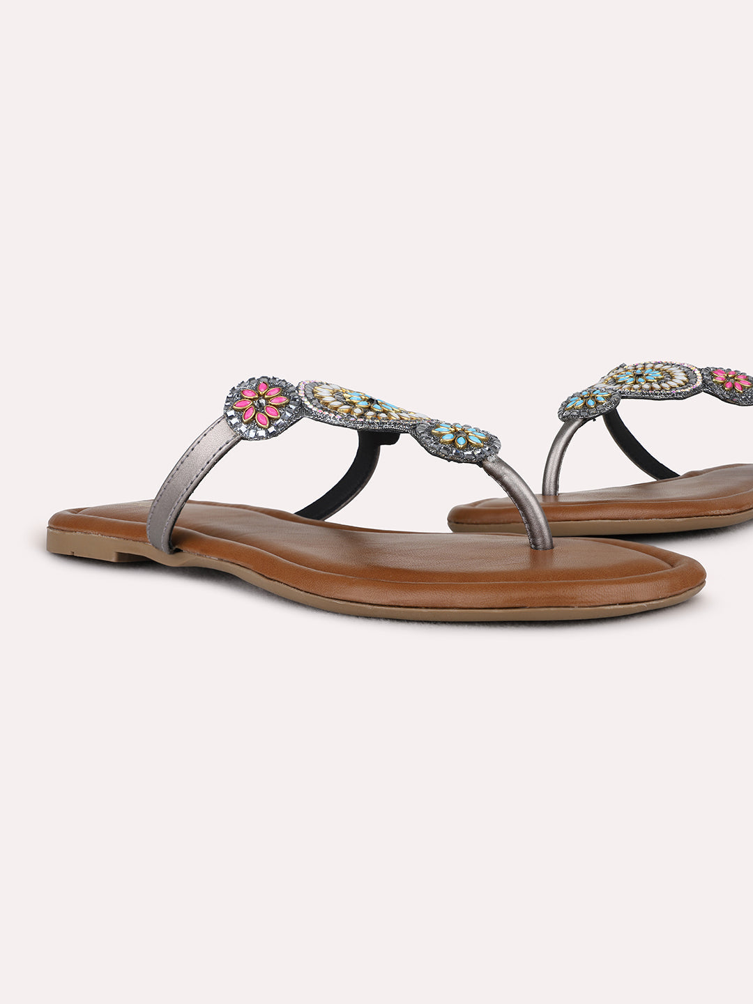 Womens Pewter Casual Embellished T-Strap Flats