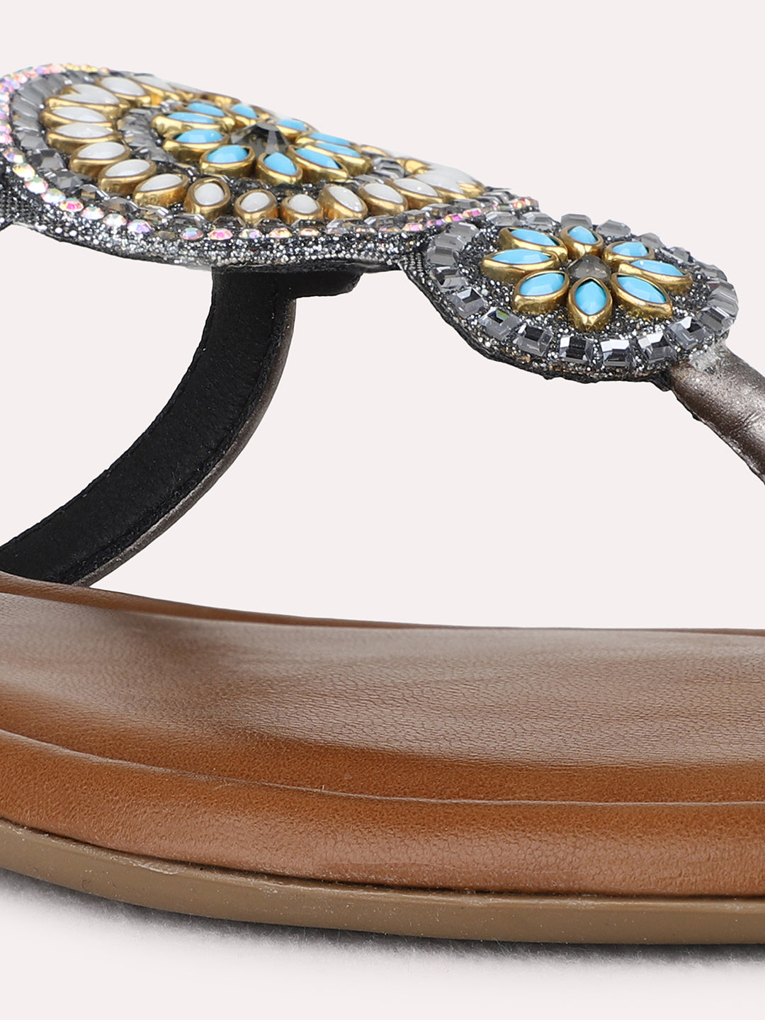 Womens Pewter Casual Embellished T-Strap Flats