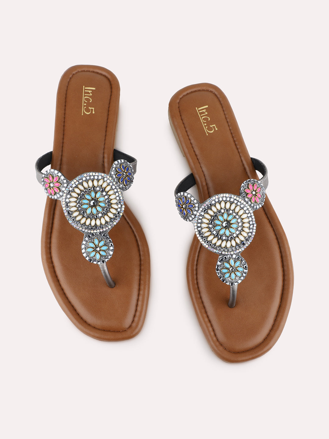 Womens Pewter Casual Embellished T-Strap Flats