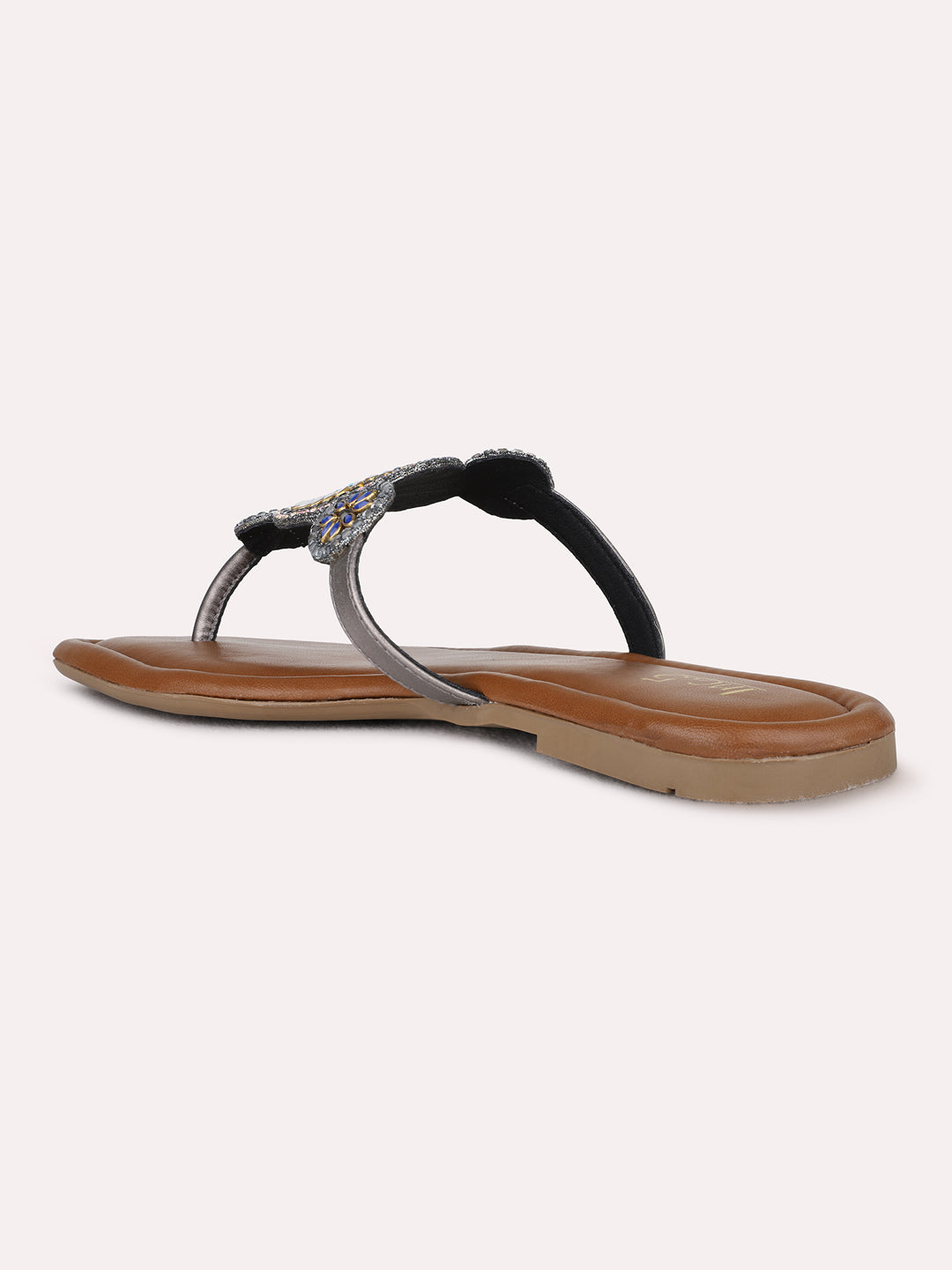Womens Pewter Casual Embellished T-Strap Flats