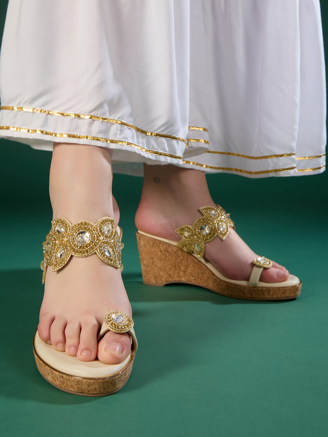 Women Golden Ethnic Embellished Round Toe Wedge Heel Sandal