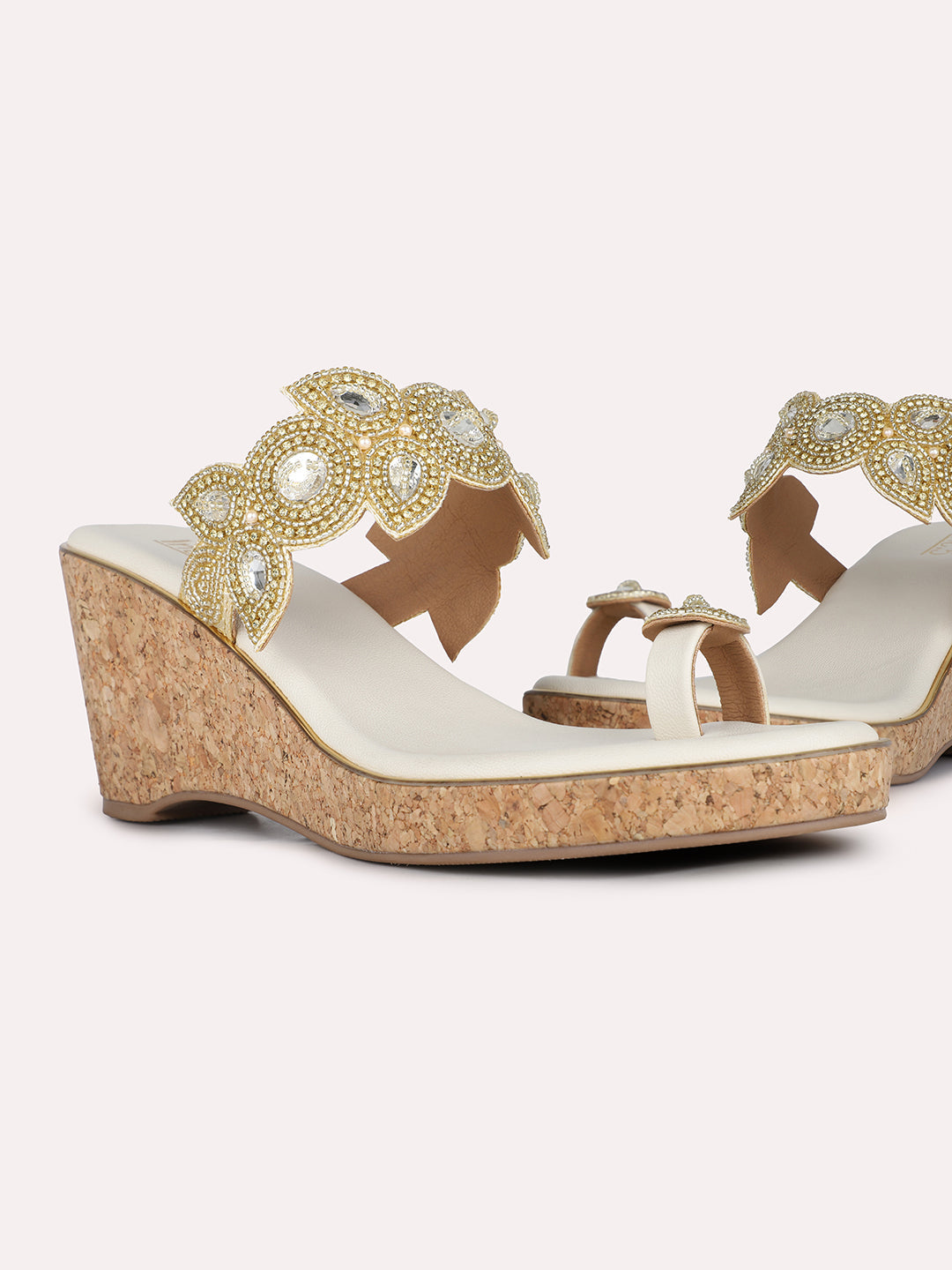 Women Golden Ethnic Embellished Round Toe Wedge Heel Sandal