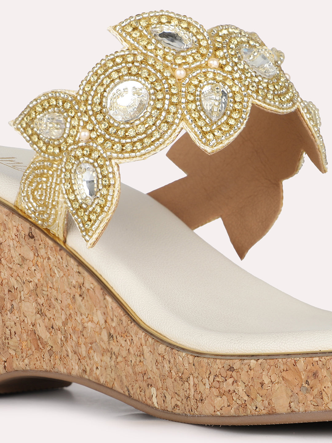 Women Golden Ethnic Embellished Round Toe Wedge Heel Sandal