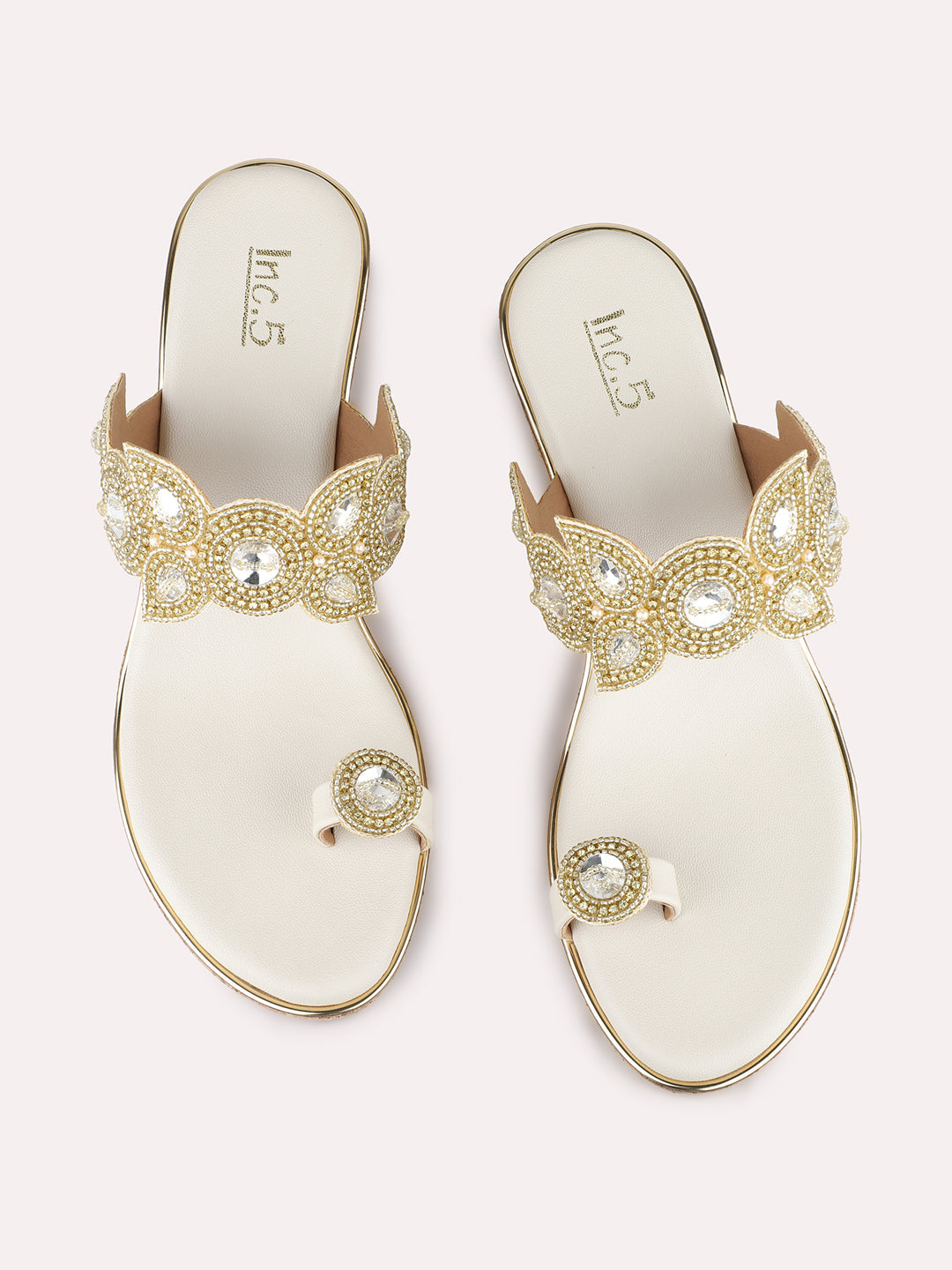 Women Golden Ethnic Embellished Round Toe Wedge Heel Sandal