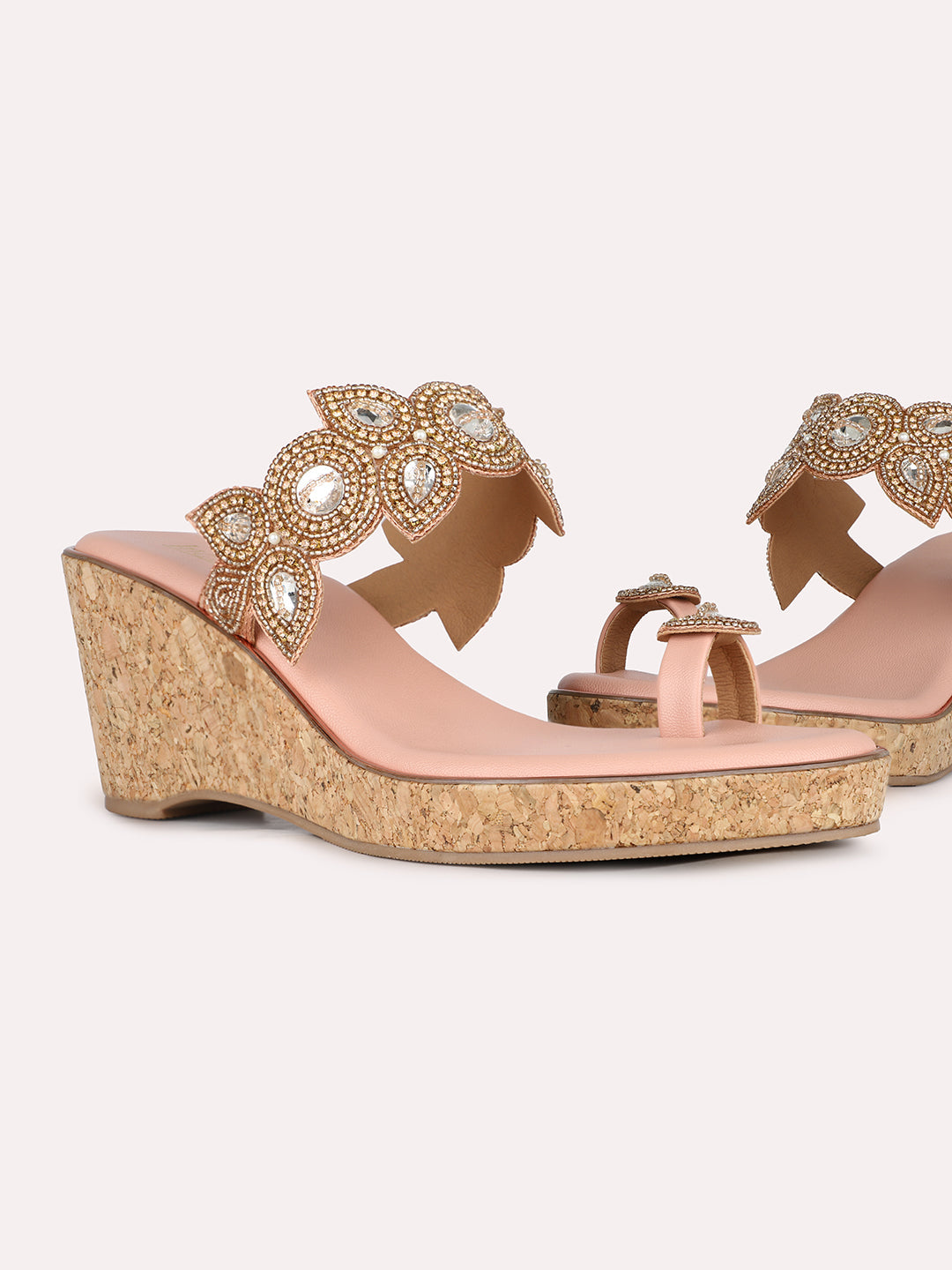 Women Rose Gold Ethnic Embellished Pattern Round Toe Wedge Heel Sandals