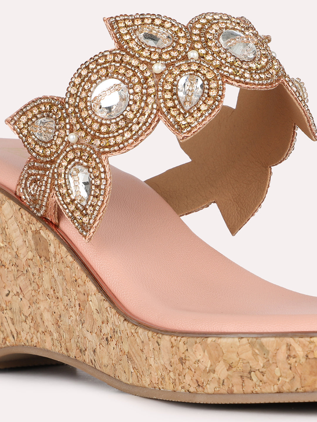 Women Rose Gold Ethnic Embellished Pattern Round Toe Wedge Heel Sandals