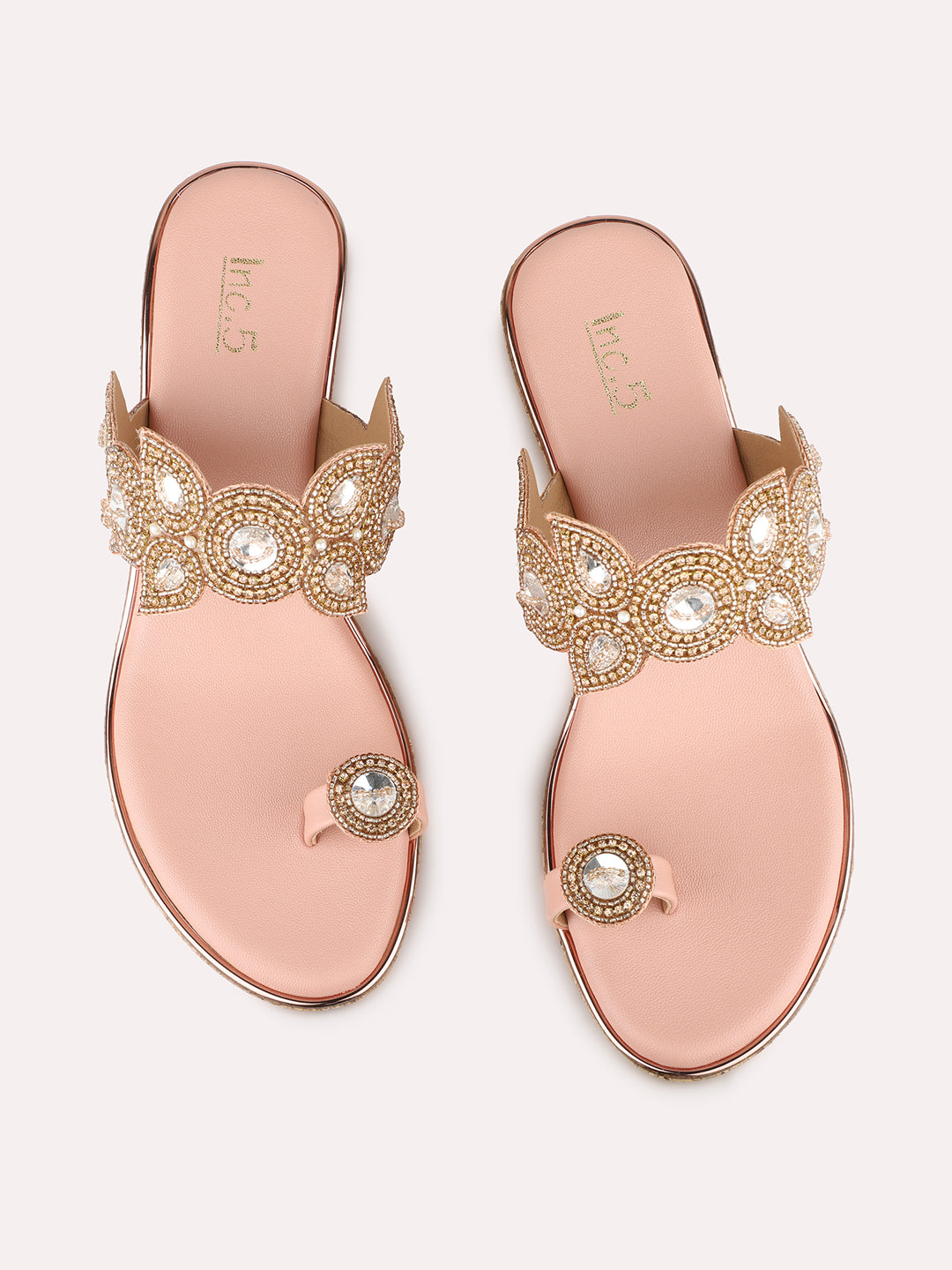 Women Rose Gold Ethnic Embellished Pattern Round Toe Wedge Heel Sandals