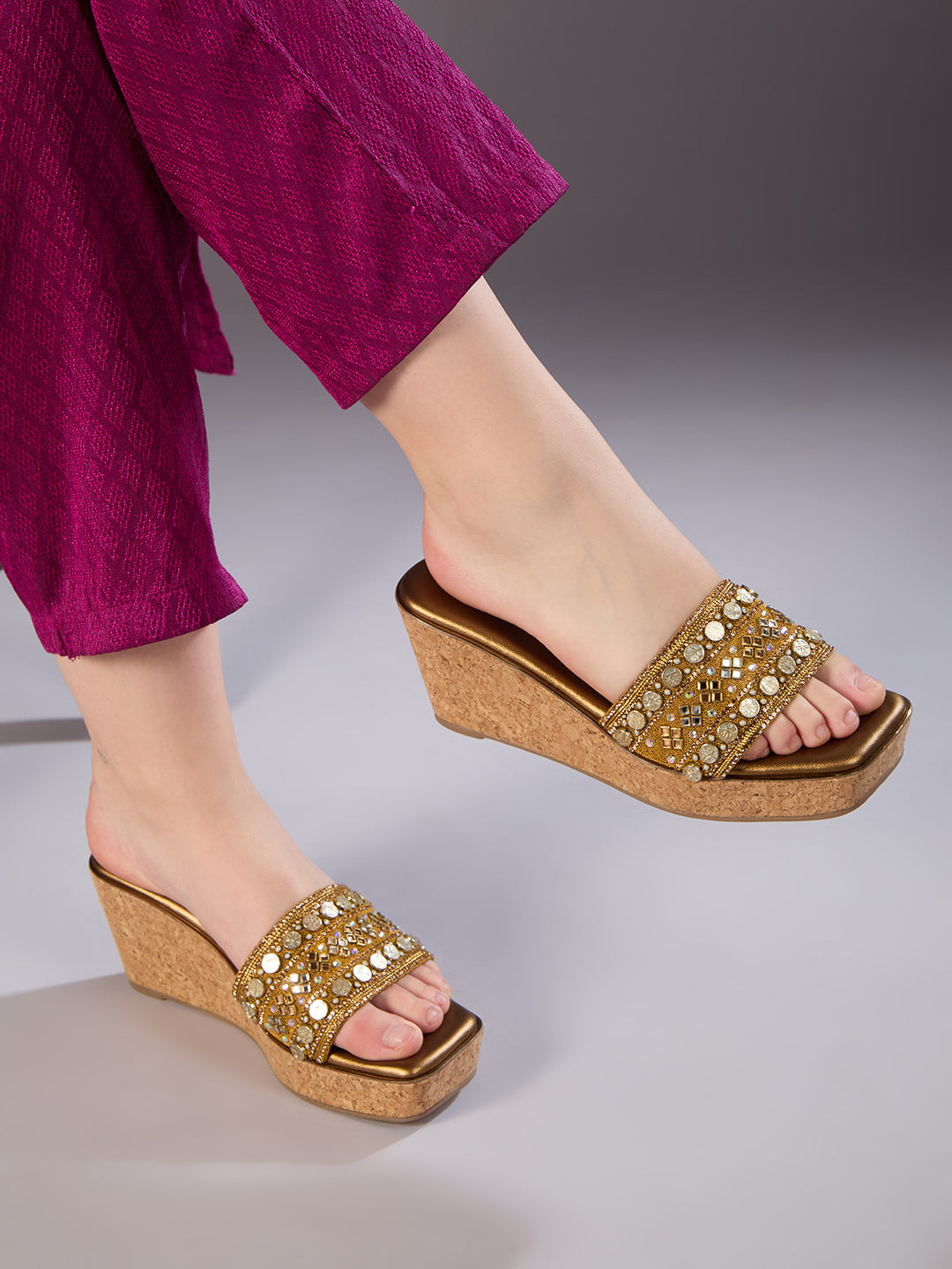 Women Golden Ethnic Embellished Round Toe Wedge Heel Sandals