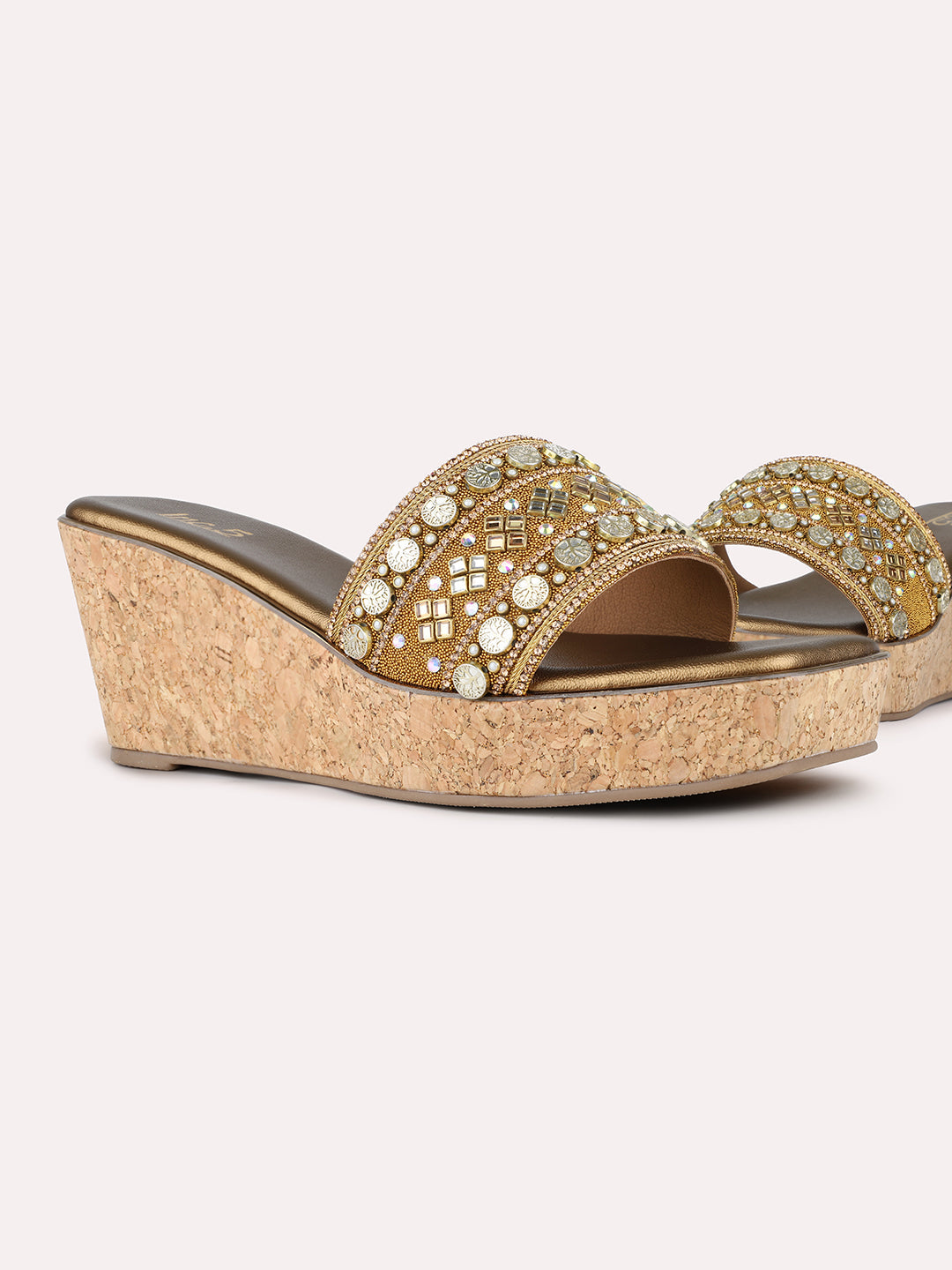 Women Golden Ethnic Embellished Round Toe Wedge Heel Sandals