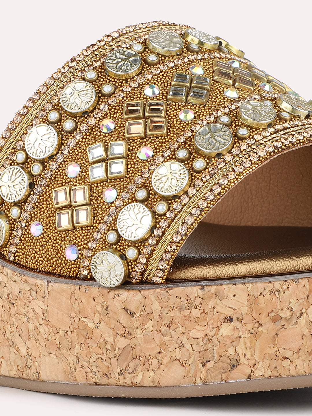 Women Golden Ethnic Embellished Round Toe Wedge Heel Sandals