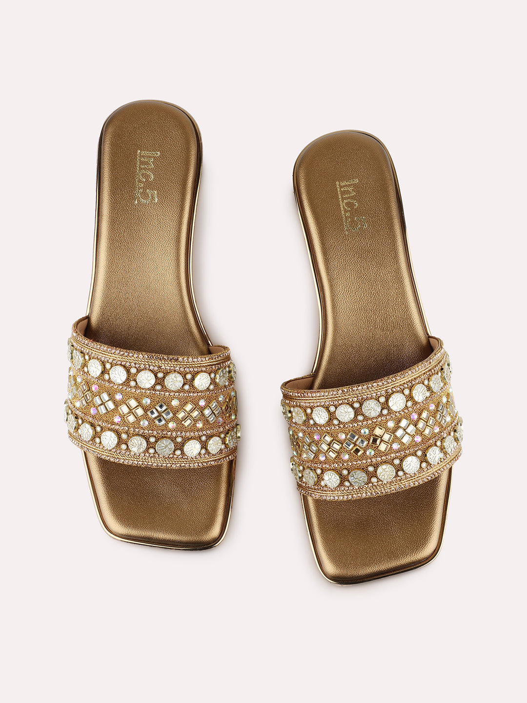 Women Golden Ethnic Embellished Round Toe Wedge Heel Sandals
