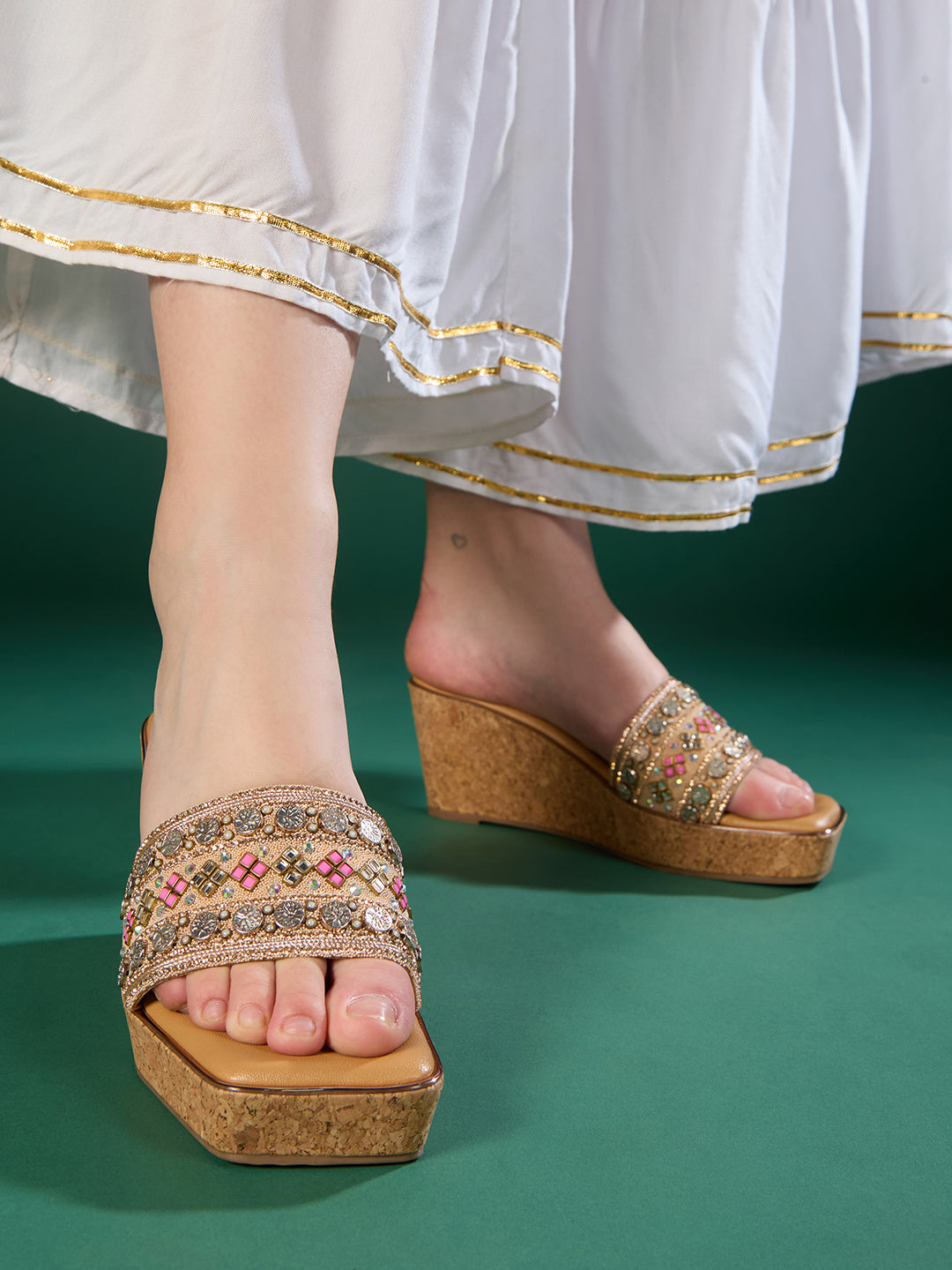 Women Rose Gold Ethnic Embellished Round Toe Wedge Heel Sandals