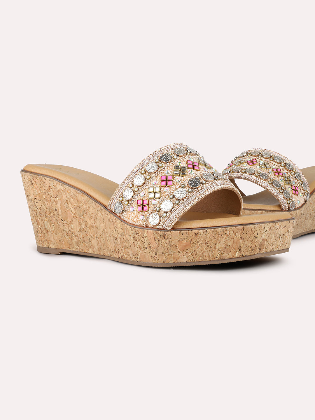 Women Rose Gold Ethnic Embellished Round Toe Wedge Heel Sandals