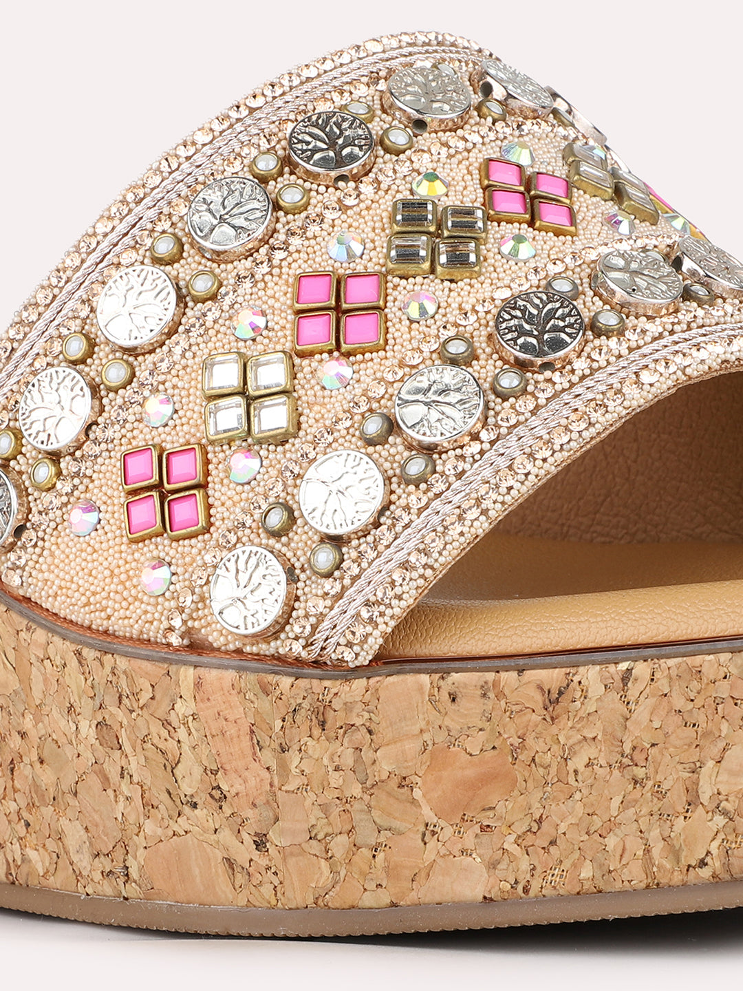 Women Rose Gold Ethnic Embellished Round Toe Wedge Heel Sandals